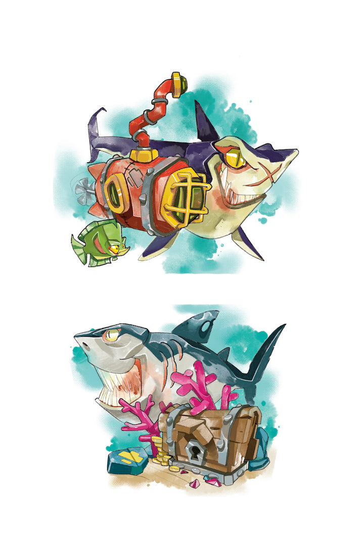 Shark-attack temporary kids tattoo sleeve with cartoon shark and diver designs