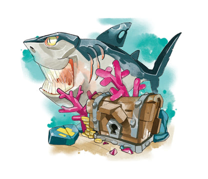 Shark-attack temporary tattoo sleeve featuring a shark with coral and treasure chest art