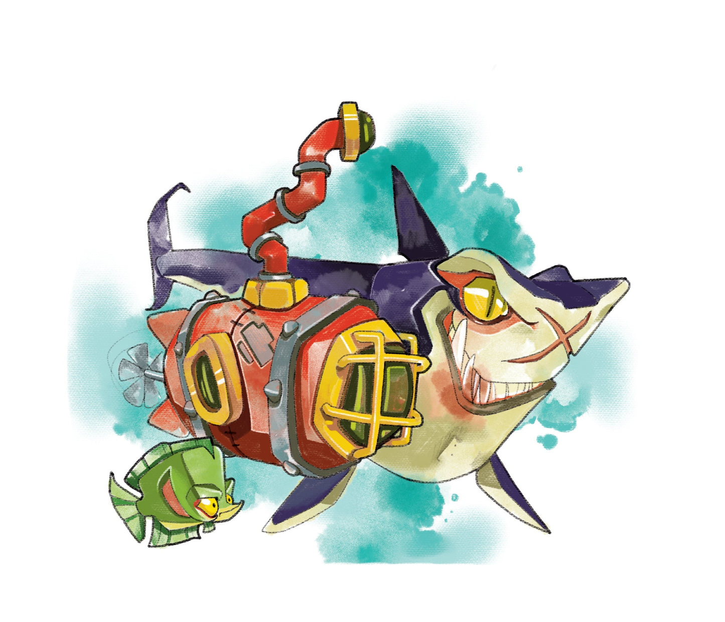 Shark-attack temporary tattoo sleeve featuring a cartoon shark with gear and bubbles