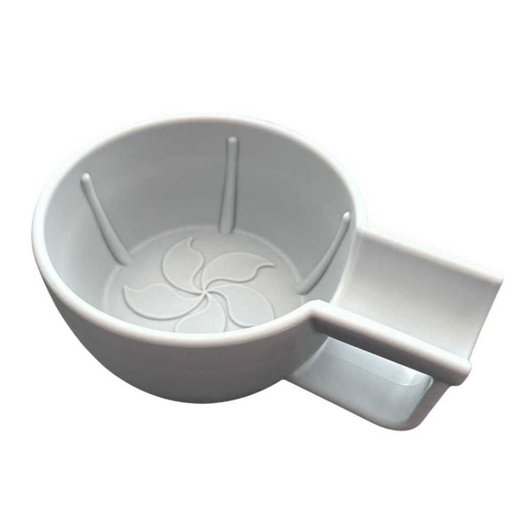 Light gray shaving bowl with handle and embossed flower pattern
