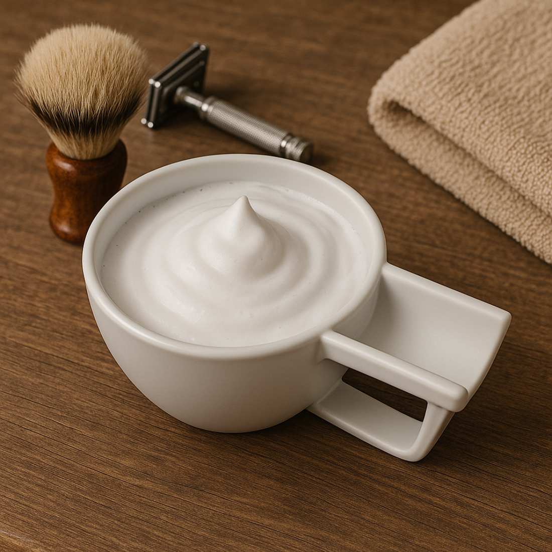 White shaving bowl with side handle and swirl foam