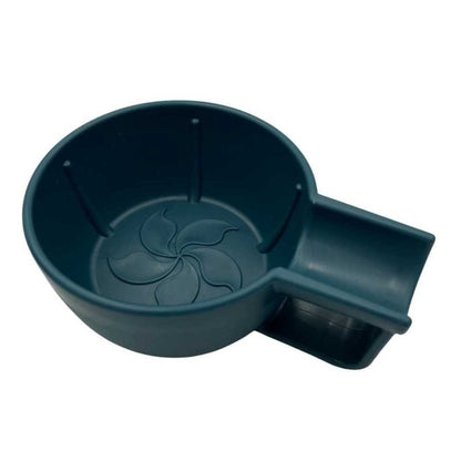 Dark teal shaving bowl with handle and embossed flower pattern