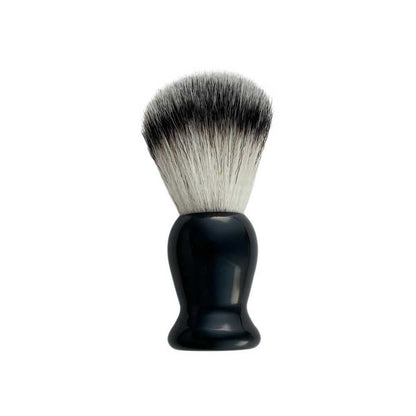 Shaving brush with black handle and grey bristles, tapered top