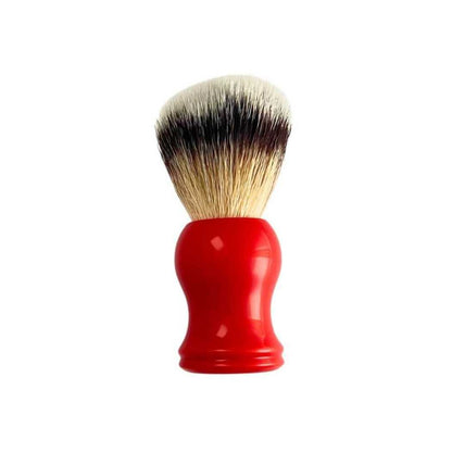 Shaving brush with red handle and light bristles, rounded brush head