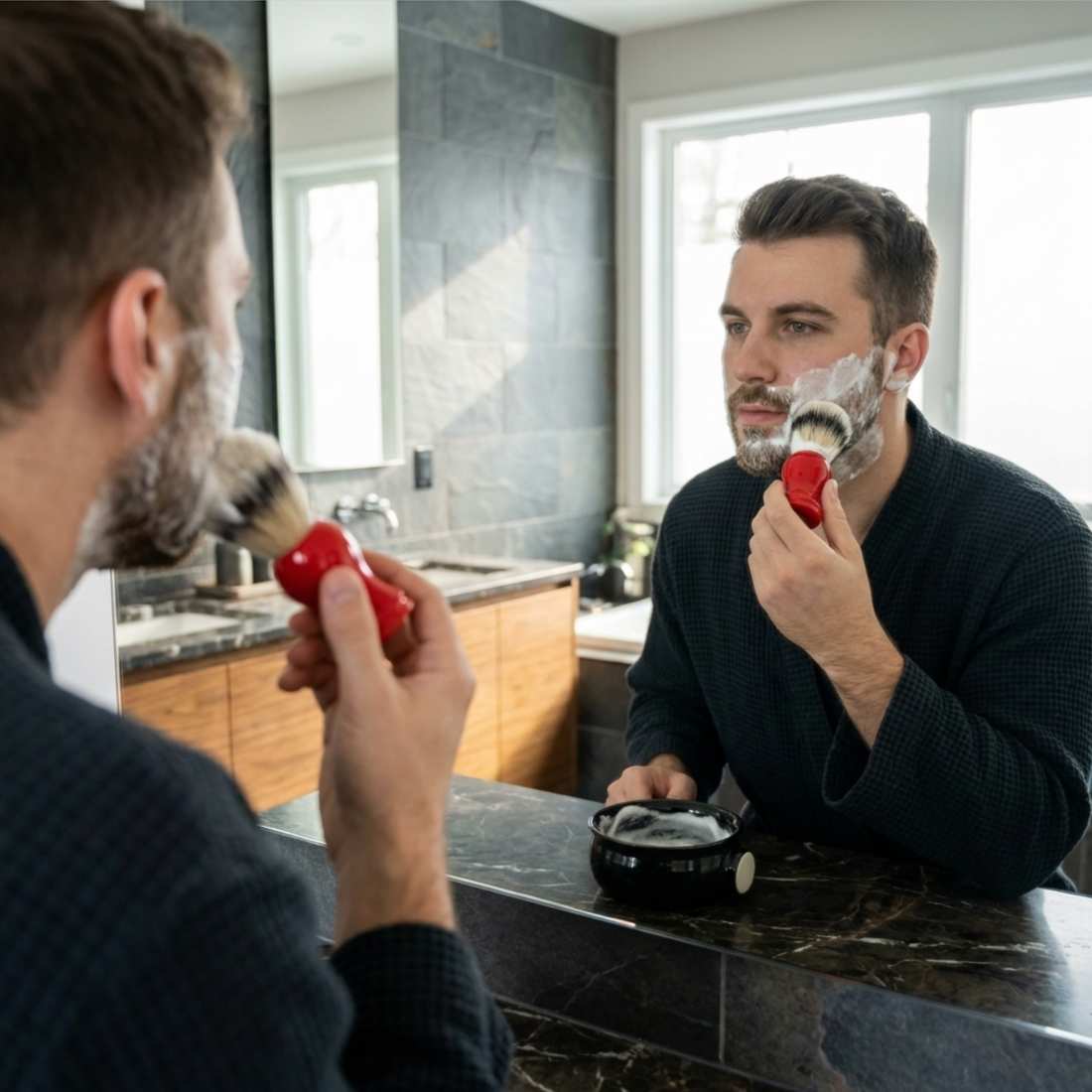 Shaving brush in use with red handle and grey shaving bristles