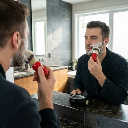 Shaving brush in use with red handle and grey shaving bristles