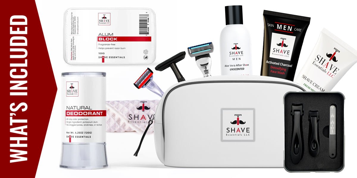 Men's grooming kit set with zip pouch, shaving creams, and razors