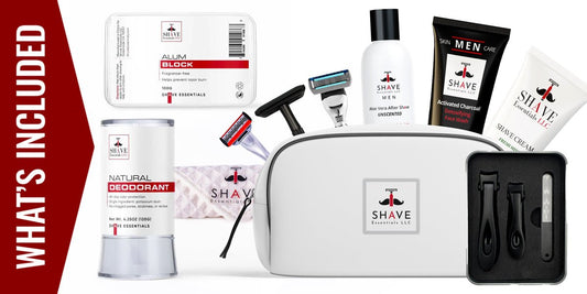 Men's grooming kit set with zip pouch, shaving creams, and razors