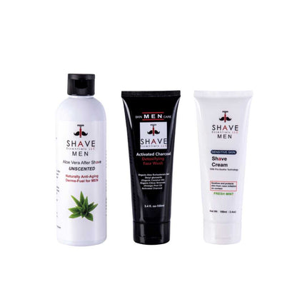 Men's grooming kit skincare bottles and tubes: aftershave, charcoal, and shave cream
