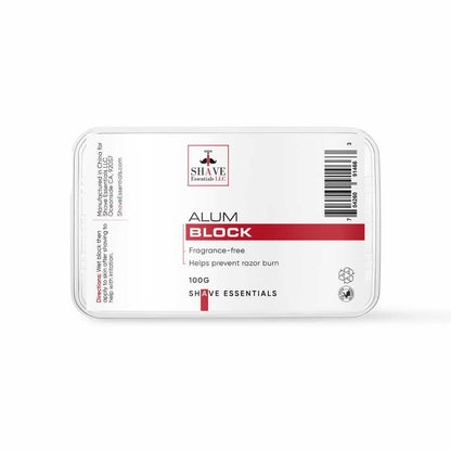 Men's grooming kit alum block in clear tray labeled Alum Block 100g