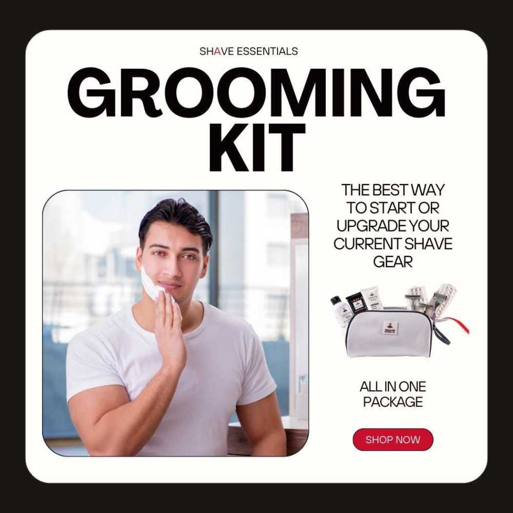 Men's grooming kit retail box showing shaving essentials and all-in-one package