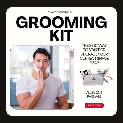 Men's grooming kit retail box showing shaving essentials and all-in-one package