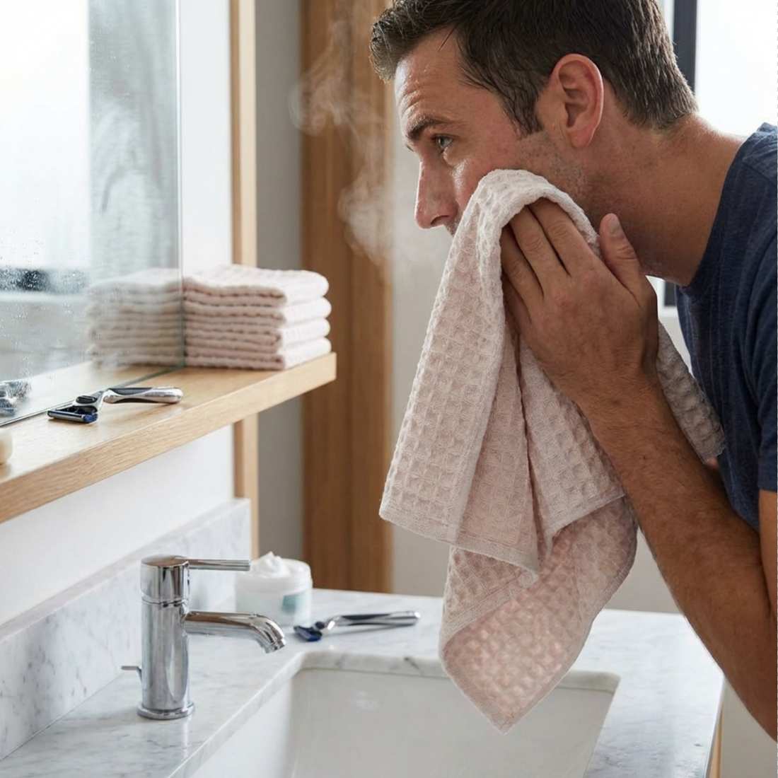 Light pink waffle-knit shave towel draped in use
