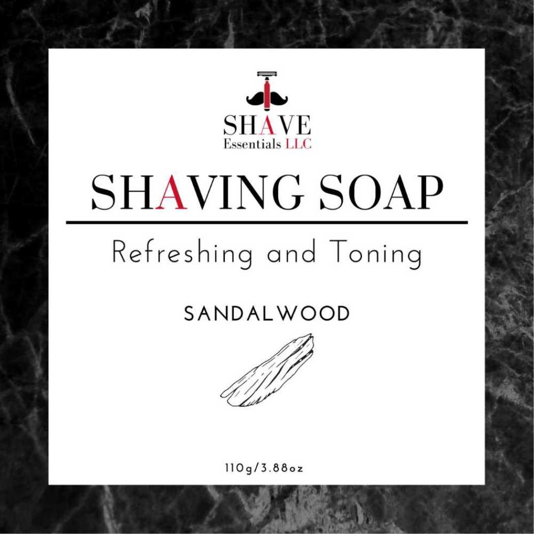 Shaving soap box label: Refreshing and Toning, Sandalwood, 110 g