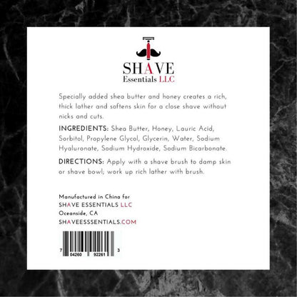 Shaving soap package back panel with ingredients and directions
