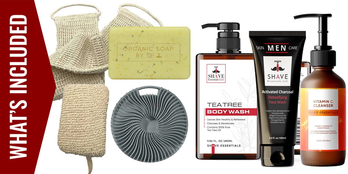 Shower essentials kit with loofah bag, soap bar, and body wash cleanser bottles