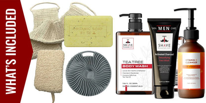 Shower essentials kit with loofah bag, soap bar, and body wash cleanser bottles
