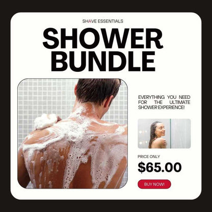 Shower essentials bundle package, shown front panel with large bundle branding
