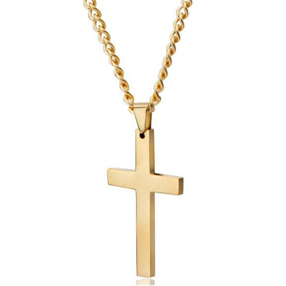 Gold cross pendant necklace on chain with polished finish