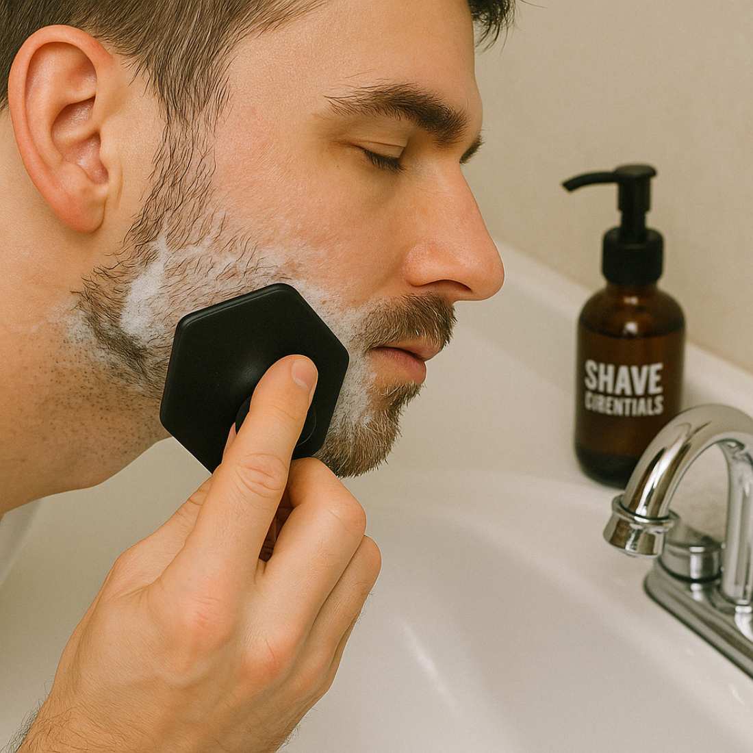Black silicone face scrubber pressed to cheek; bristle pad in hand