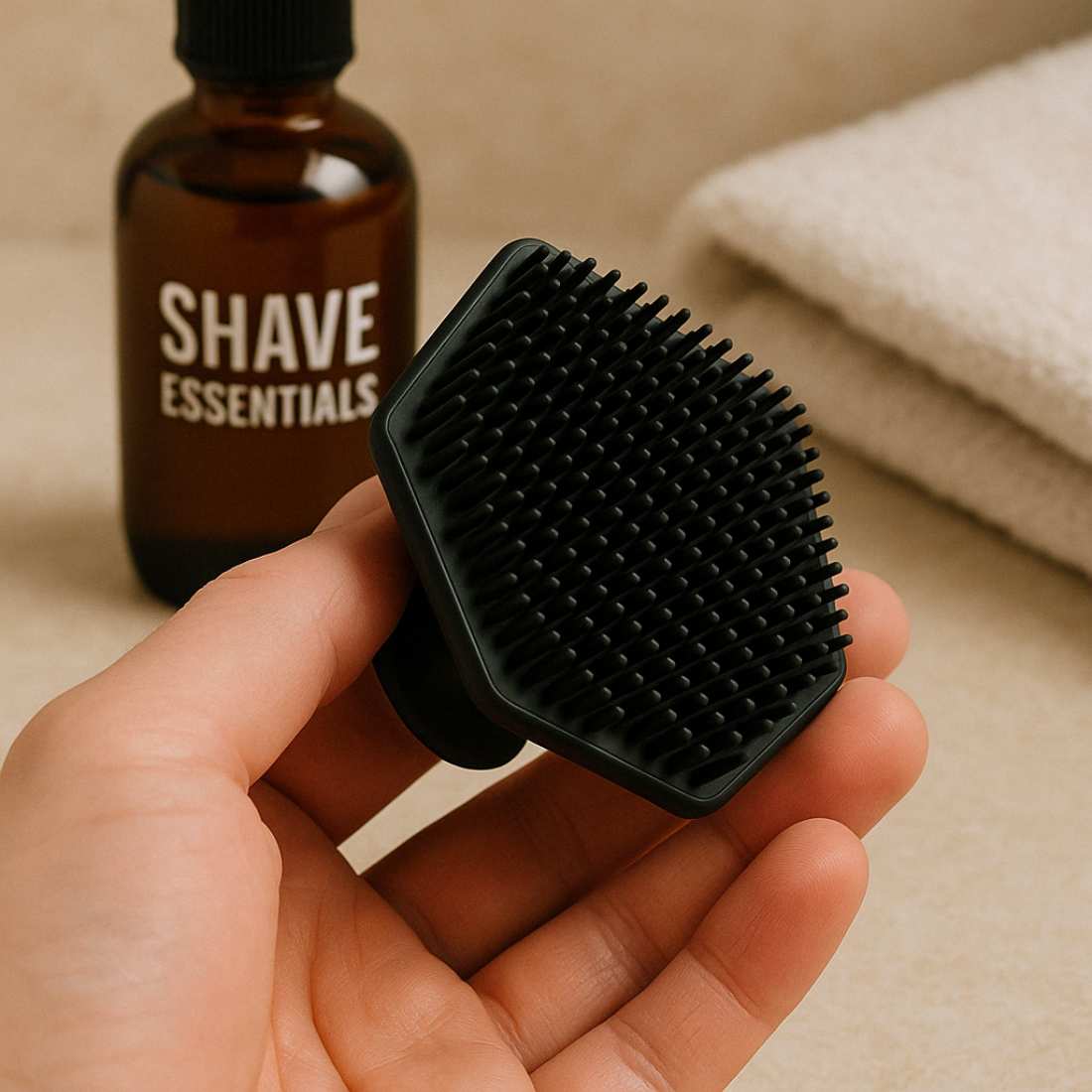Handheld black silicone scrub brush with dense bristle tips and flat grip