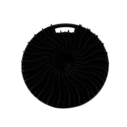 Black silicone shower scrub pad with circular dot ridges and top handle loop