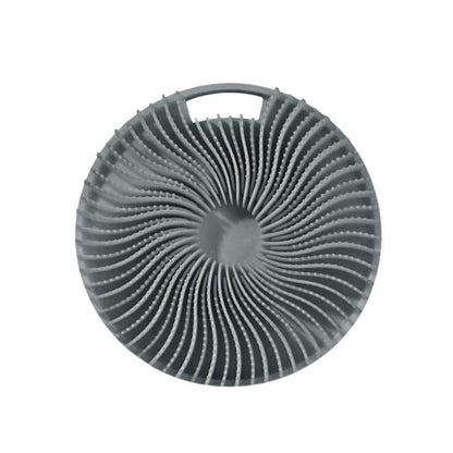 Gray silicone shower scrub pad with circular ridges and top handle loop
