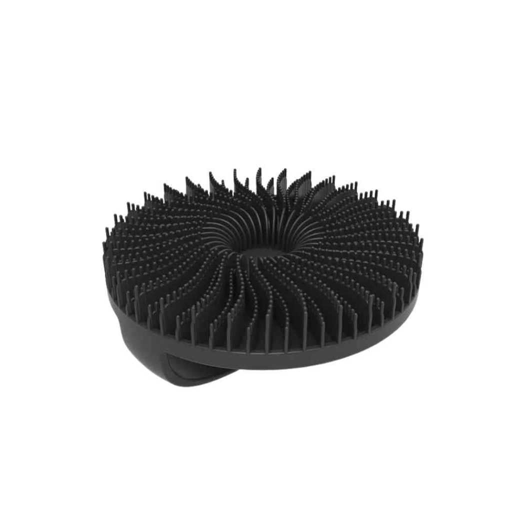 Black silicone shower scrub with raised bristle tips and curved base