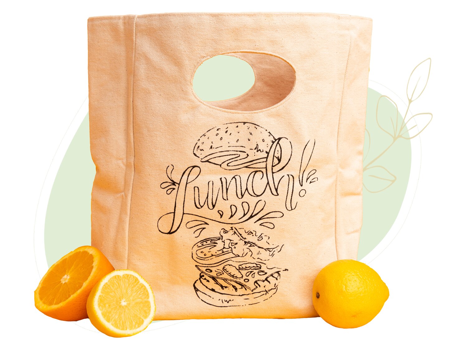 Canvas lunch bag front view with oval cutout handle and “Lunch!” printed graphic