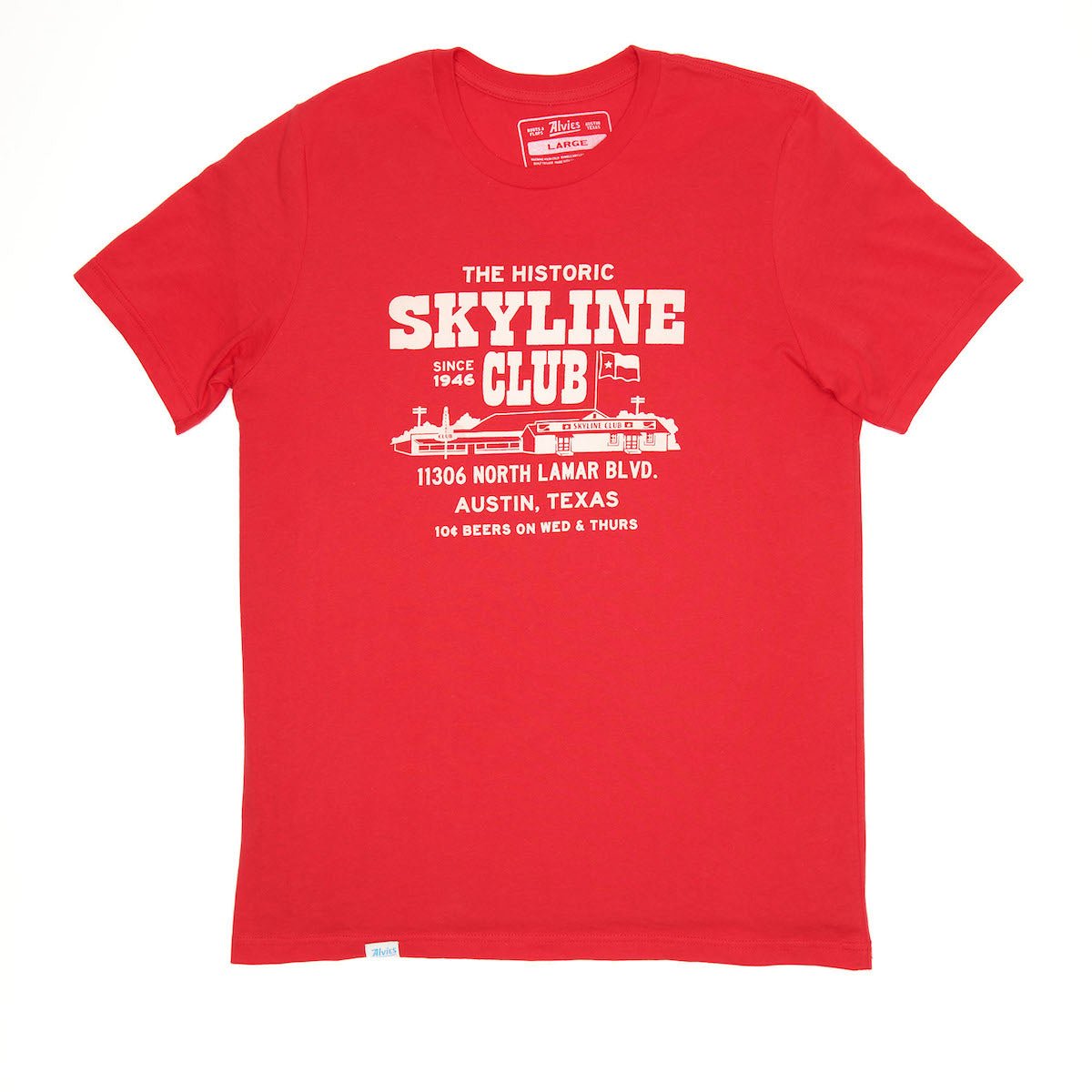 Red Skyline Club T-shirt with front graphic and address print