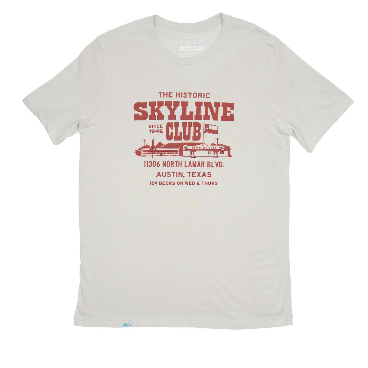 Light gray Skyline Club T-shirt with front graphic and address print