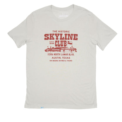 Light gray Skyline Club T-shirt with front graphic and address print