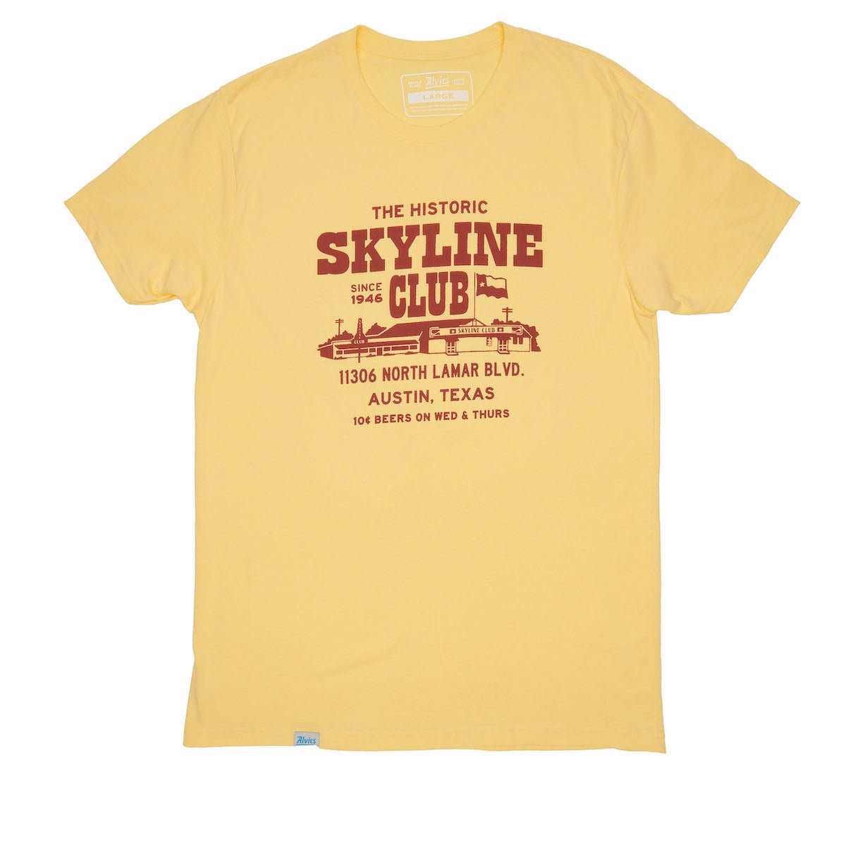 Yellow Skyline Club T-shirt with front graphic and address print