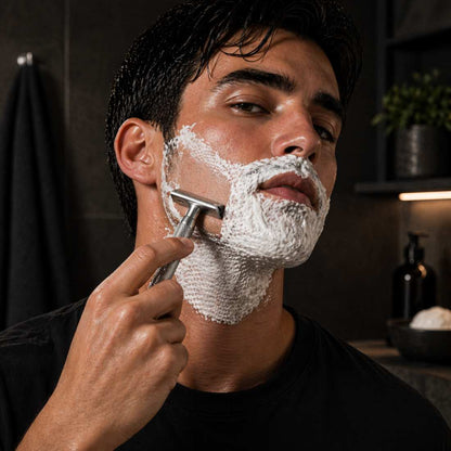 Safety razor held to face with shaving foam on the metal head