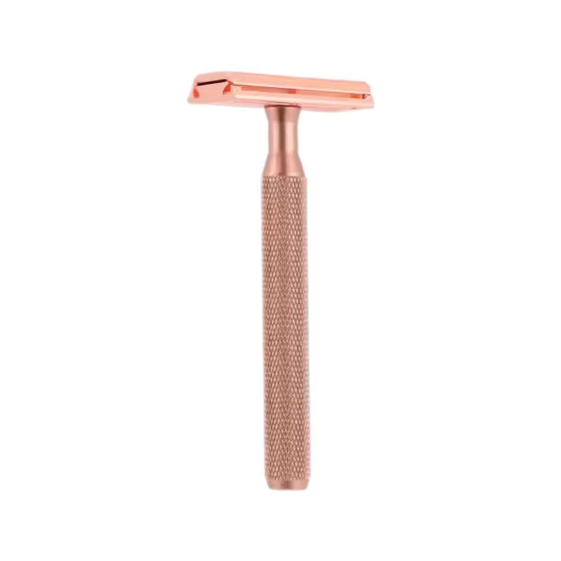 Rose gold safety razor with textured grip and double-edge head