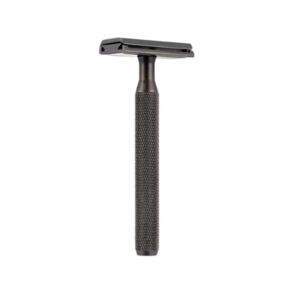 Matte black safety razor with textured handle and double-edge head