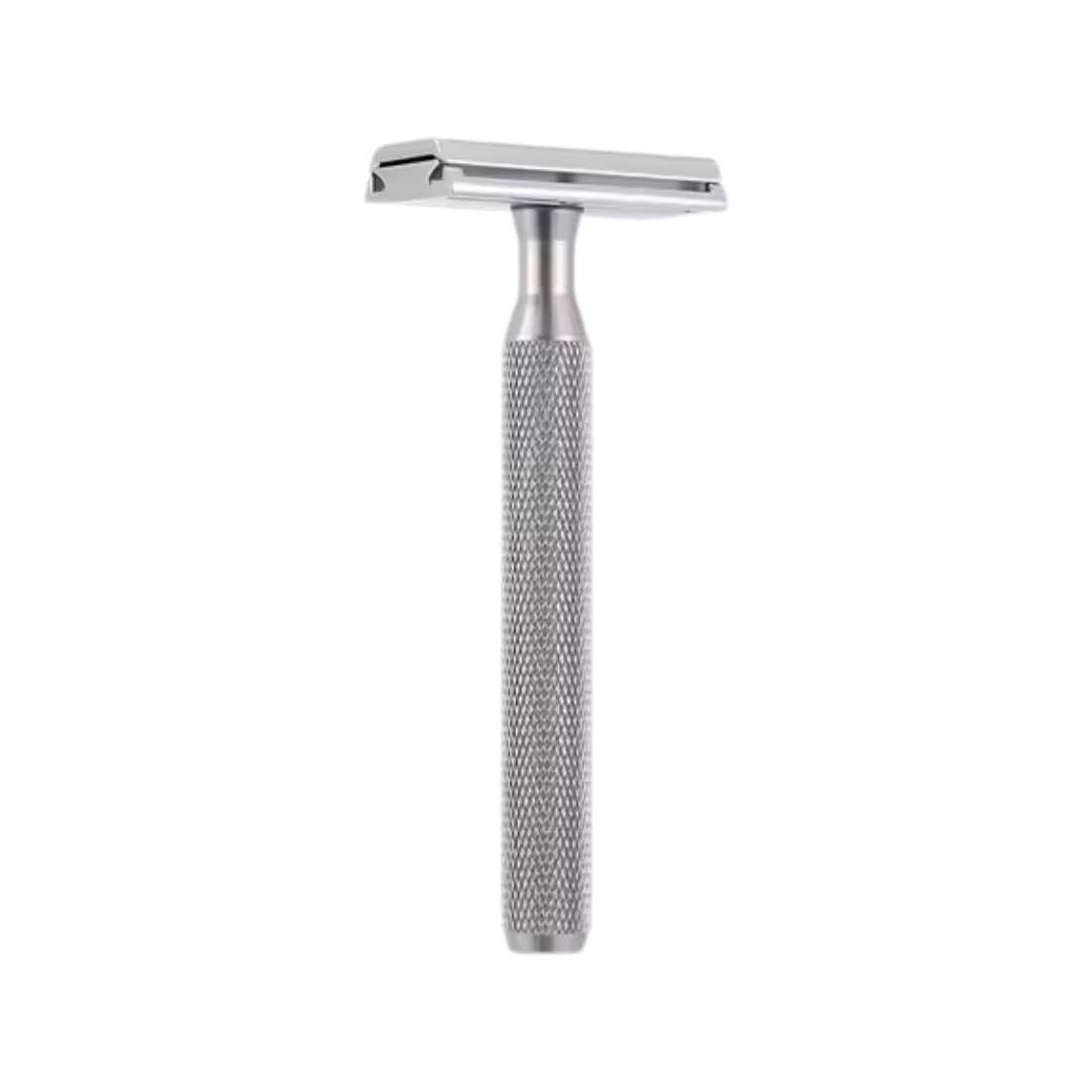 Silver safety razor with textured handle and double-edge head