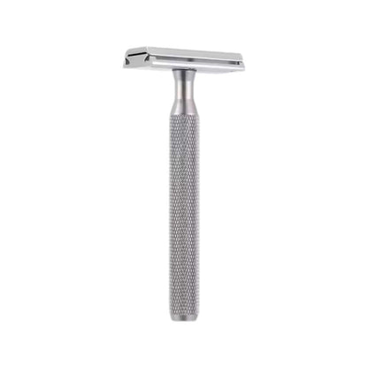 Silver safety razor with textured handle and double-edge head