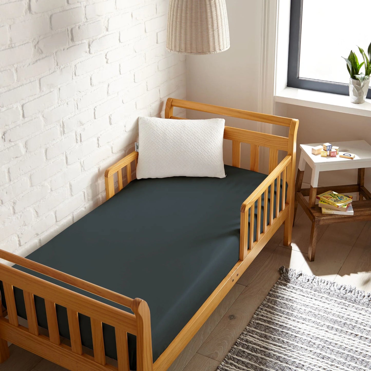 Crib fitted sheet in dark gray-blue, smooth knit fabric for crib mattress