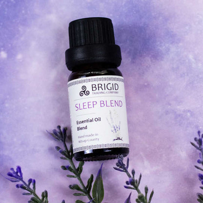 Essential oil blend bottle, Sleep Blend label with black cap and white front tag