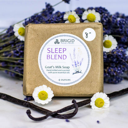 Sleep Blend goat milk soap in tan paper box with BRIGID label and 4 ounces count.