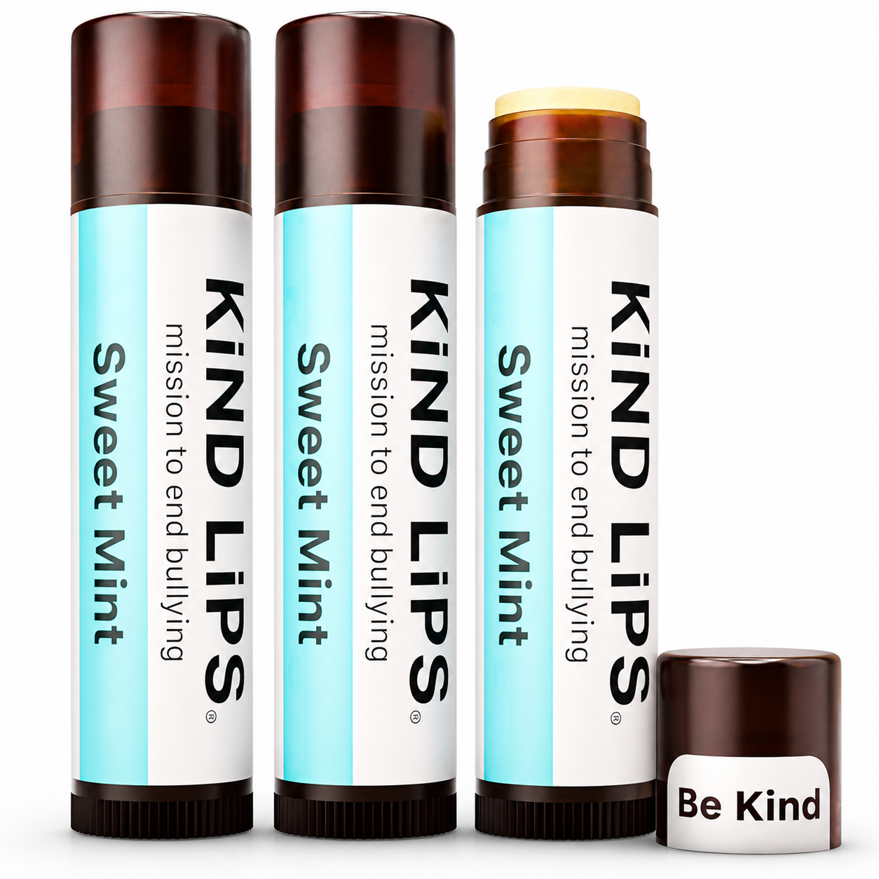 Kind Lips lip balm set with three tubes and mini balm, Sweet Mint labels, brown caps