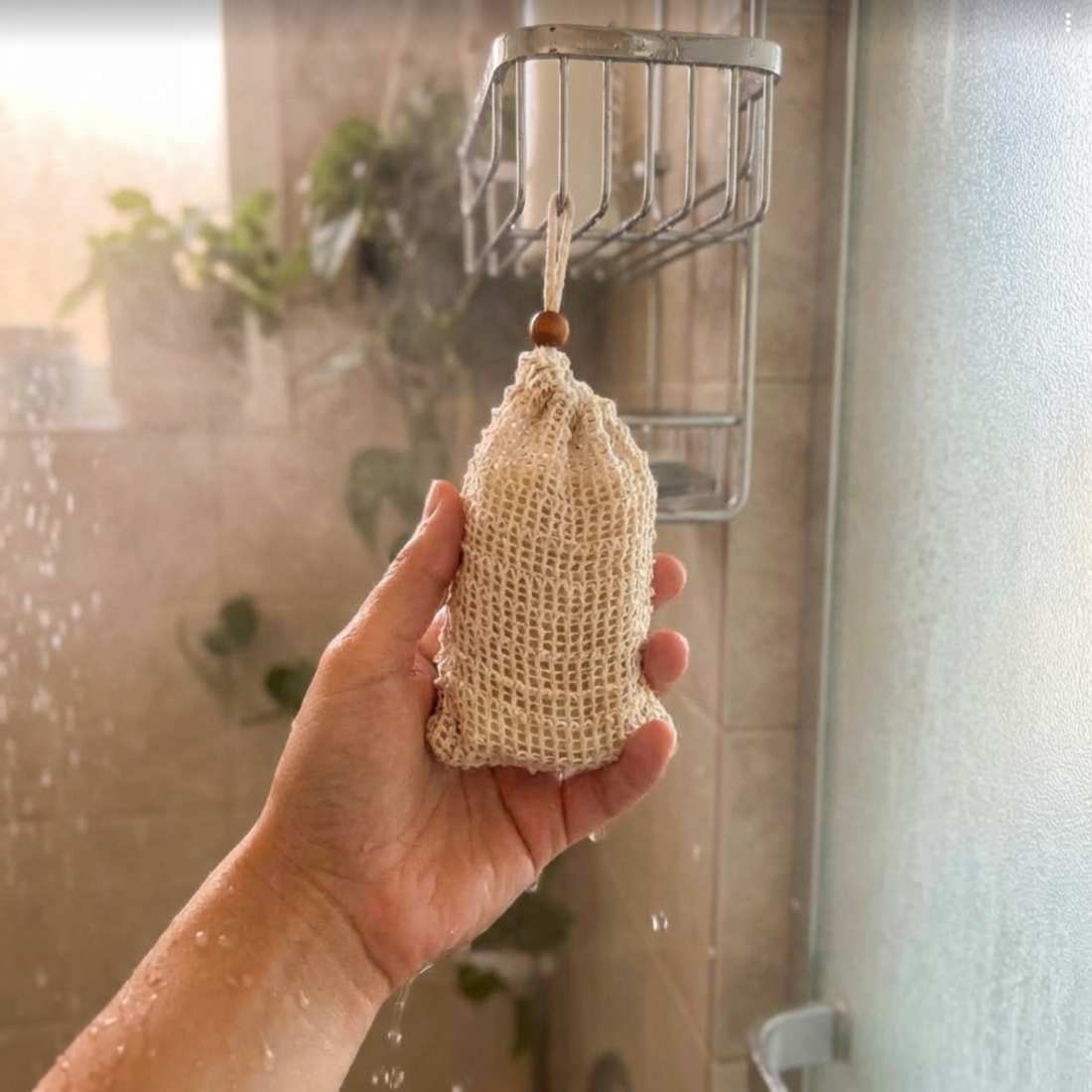 Soap saver bag, beige mesh pouch with drawstring and wooden bead hook