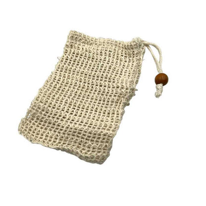 Soap saver bag, beige mesh pouch with drawstring and wooden bead tassel