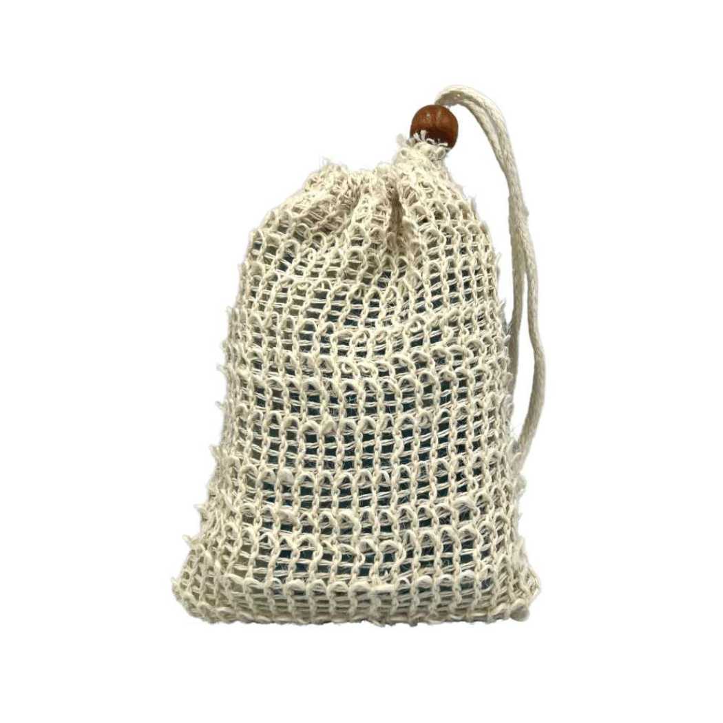 Soap saver bag, beige mesh pouch with drawstring and wooden bead