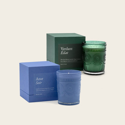 Scented candle set with green and blue jars and matching “Verdant Éclat” box