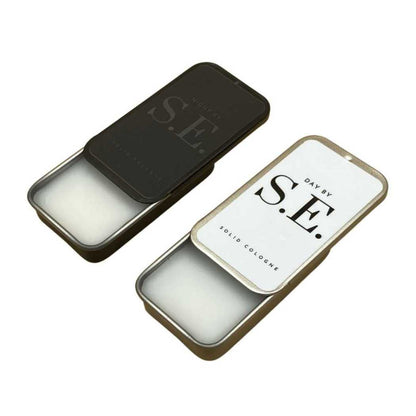 Solid cologne tins: Day by S.E. and NIGHT by S.E., two colors