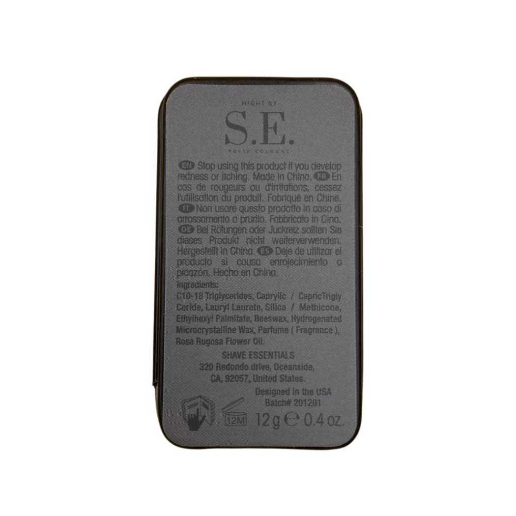 Night by S.E. solid cologne tin back label with ingredients and directions