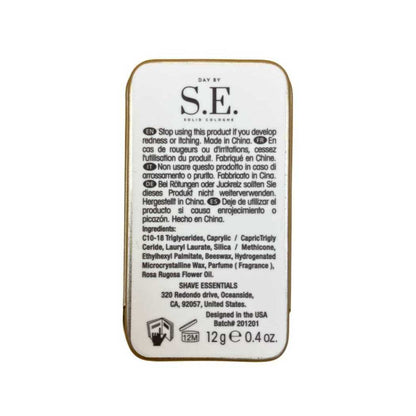 Day by S.E. solid cologne tin back label with ingredients and directions