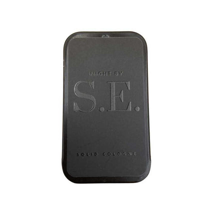 Night by S.E. solid cologne tin, dark case with large S.E. logo